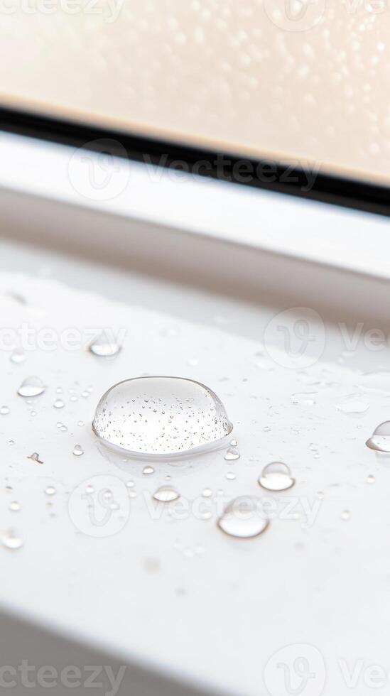 Exquisite Macro Photography Crystal Clear Water Droplets Adorning a White Window Sill, Capturing Serene Reflections and Natural Purity photo