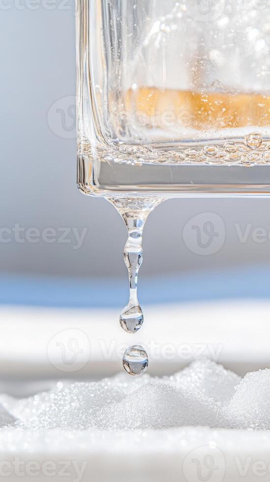 Captivating close-up of crystal clear water droplets falling from a glass, creating a refreshing and pure visual symphony of liquid motion. photo