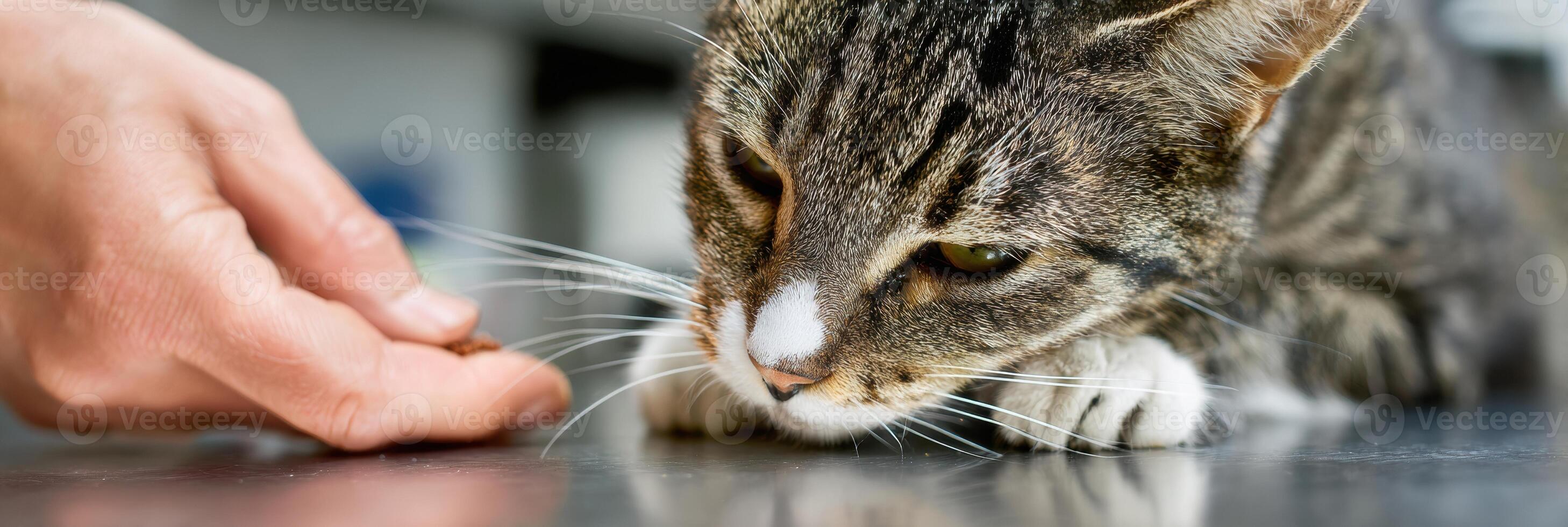 Vet Offers a Treat to a Nervous Cat on a Metal Table During a Check-Up at a Veterinary Clinic photo