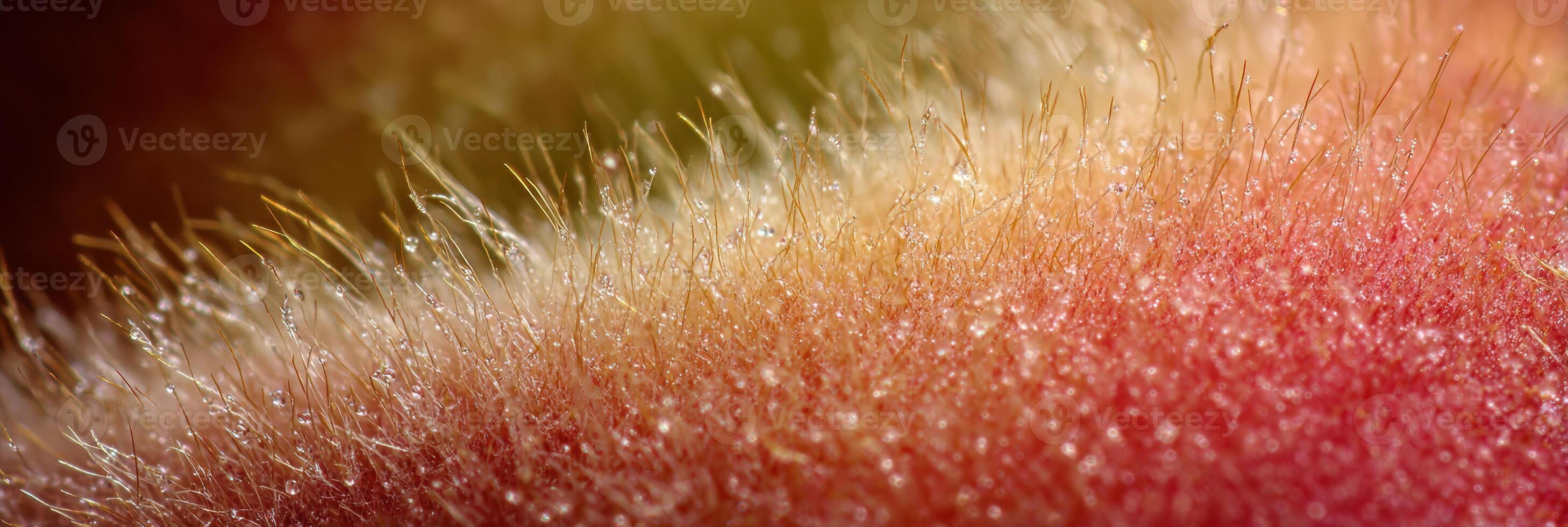 Close-up of Peach Fuzz With Macro Details Showing Droplets and Vibrant Colors in Early Morning Light photo