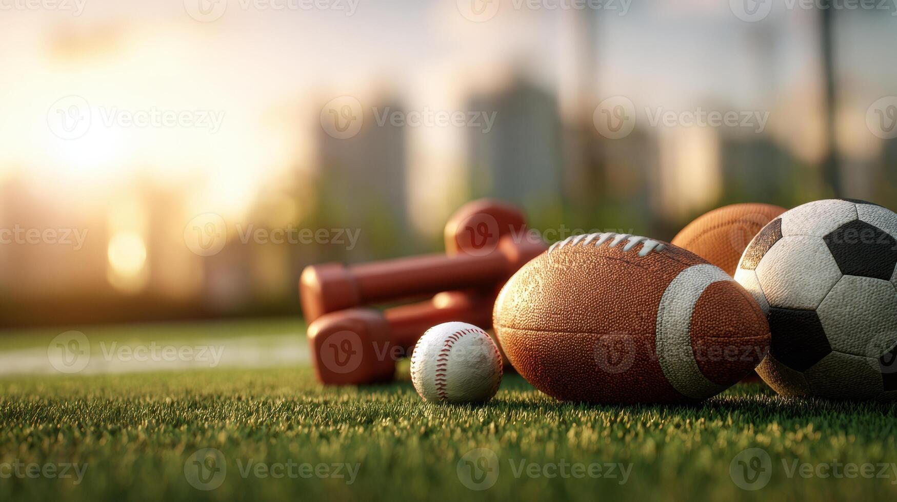 Sports Equipment Scattered on Grass at Sunrise With a Calm City Backdrop photo