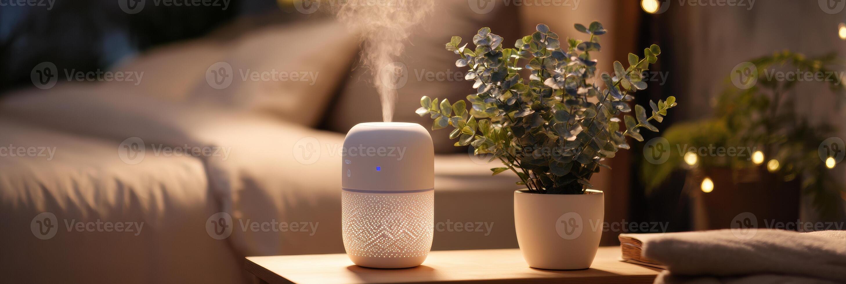 Cozy Bedside Humidifier With Soft Lighting and Eucalyptus Plant Enhances Relaxation in a Serene Bedroom Setting photo