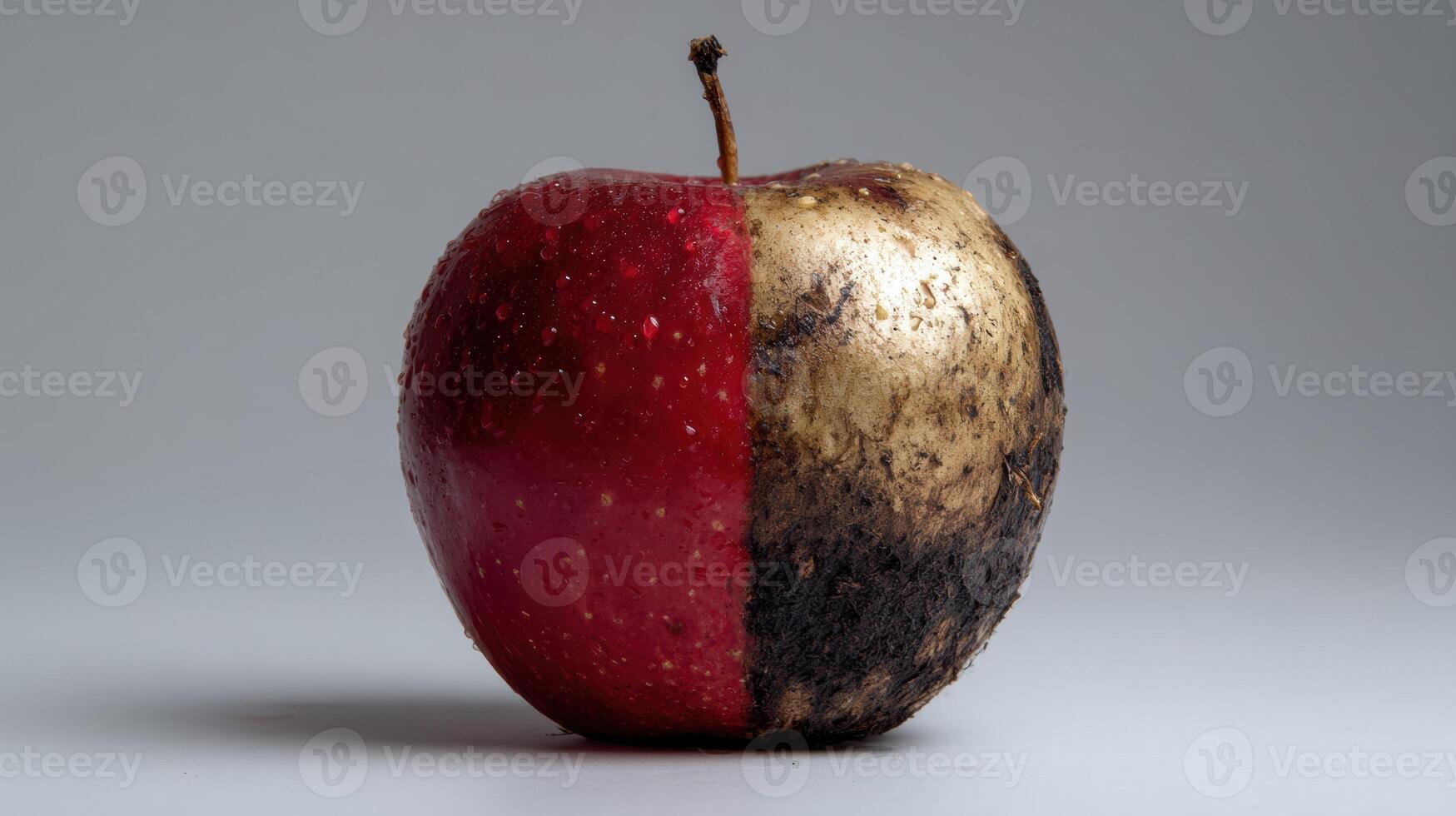 Fresh and Rotten Apple Illustrate Contrasting Themes of Decay and Vitality in a Minimalist Setting With a Soft, Neutral Background photo