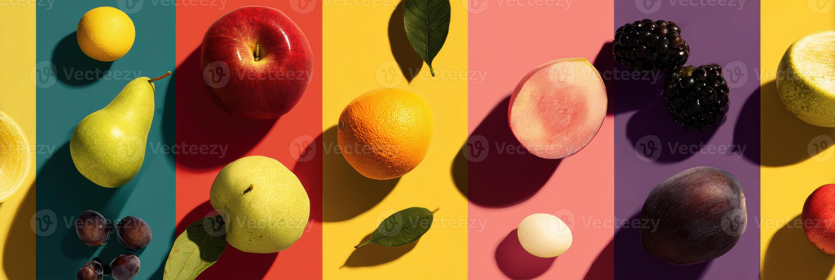 Colorful Fruit Collage Featuring Pears, Apples, and Berries on Vibrant Striped Background With Space for Text Display photo