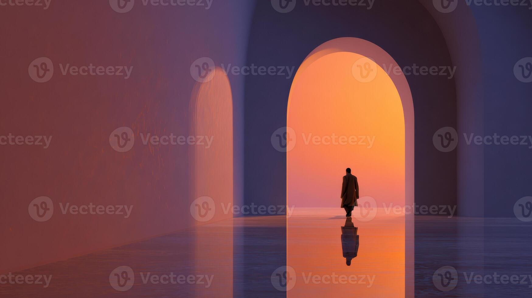 Emotional Journey Through a Symbolic Archway at Sunset, With a Lone Figure Walking in a Serene and Reflective Atmosphere photo
