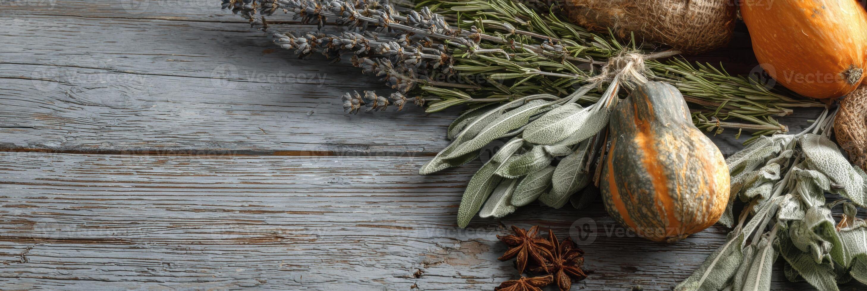 Rustic Autumn Display of Squash and Dried Herbs on Weathered Wooden Background Showcasing Seasonal Harvest photo