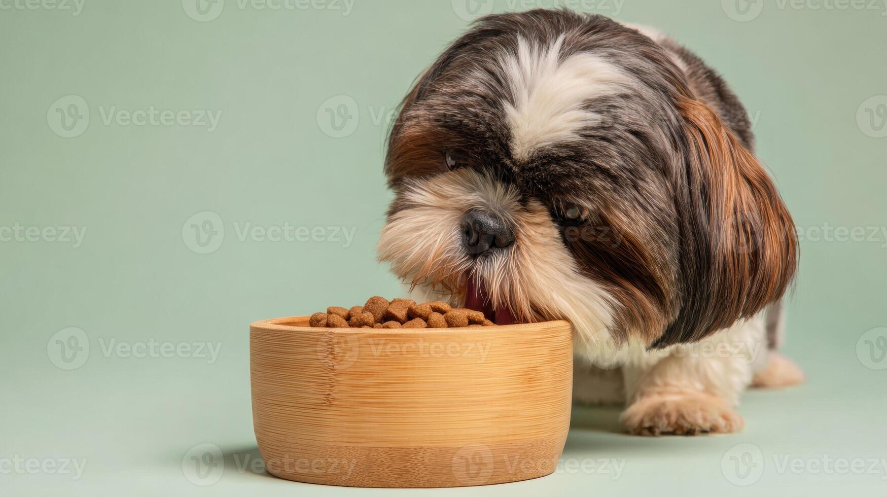 Happy Dog Enjoys Meal From Eco-Friendly Bamboo Bowl on Soft Pastel Background With Plenty of Space to the Left for Additional Elements or Text photo