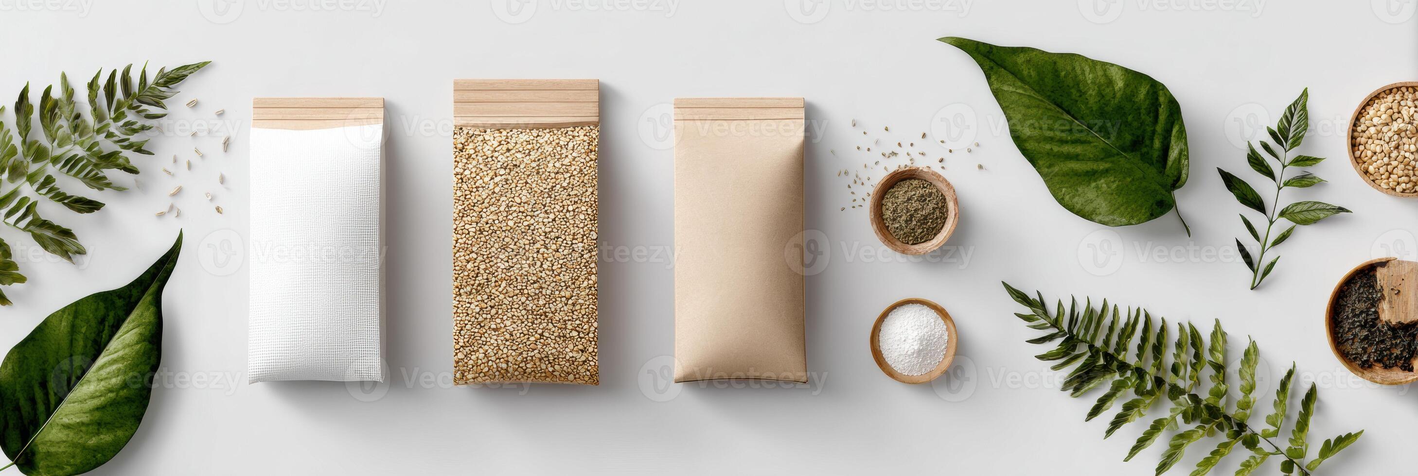 Grain Free Food Pack Mockup With Leaf Elements and Ample Composition Space for Branding and Design photo