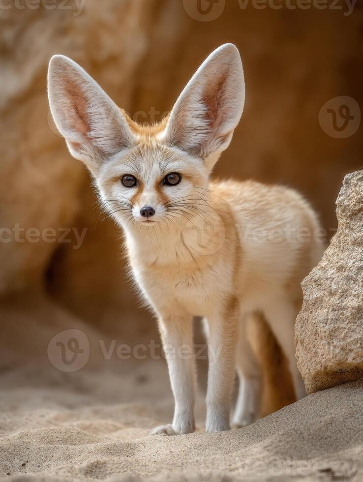 Fennec Fox in Sandy Habitat With Large Ears Alert and Curiosity Shining in Its Eyes photo