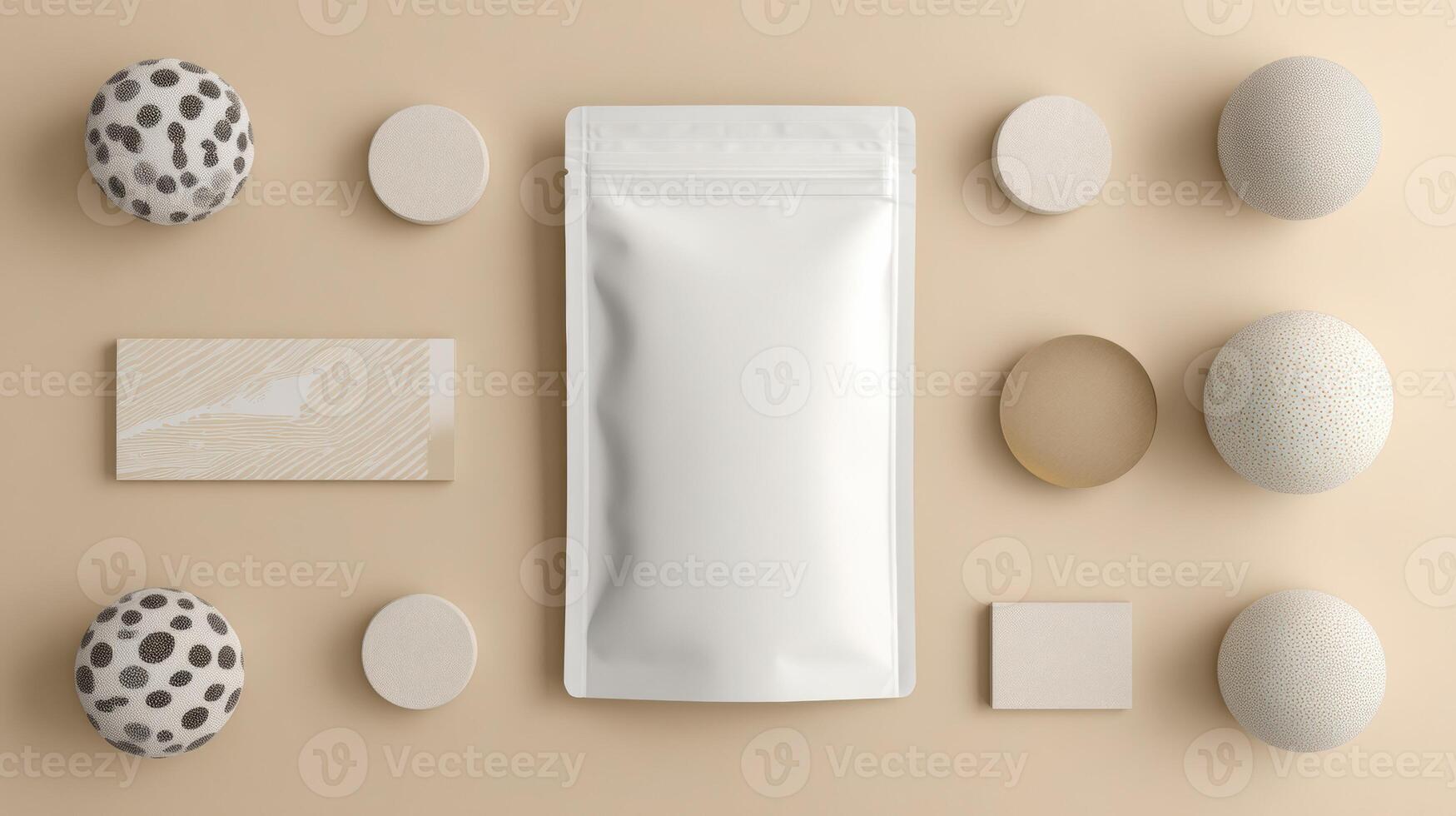 Modern Packaging Pouch Mockup Displayed With Minimalistic Props on a Soft Beige Background for Design Inspiration photo