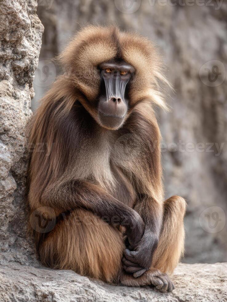 Gelada Baboon With Serious Expression Resting Against Rocky Backdrop in Natural Habitat photo