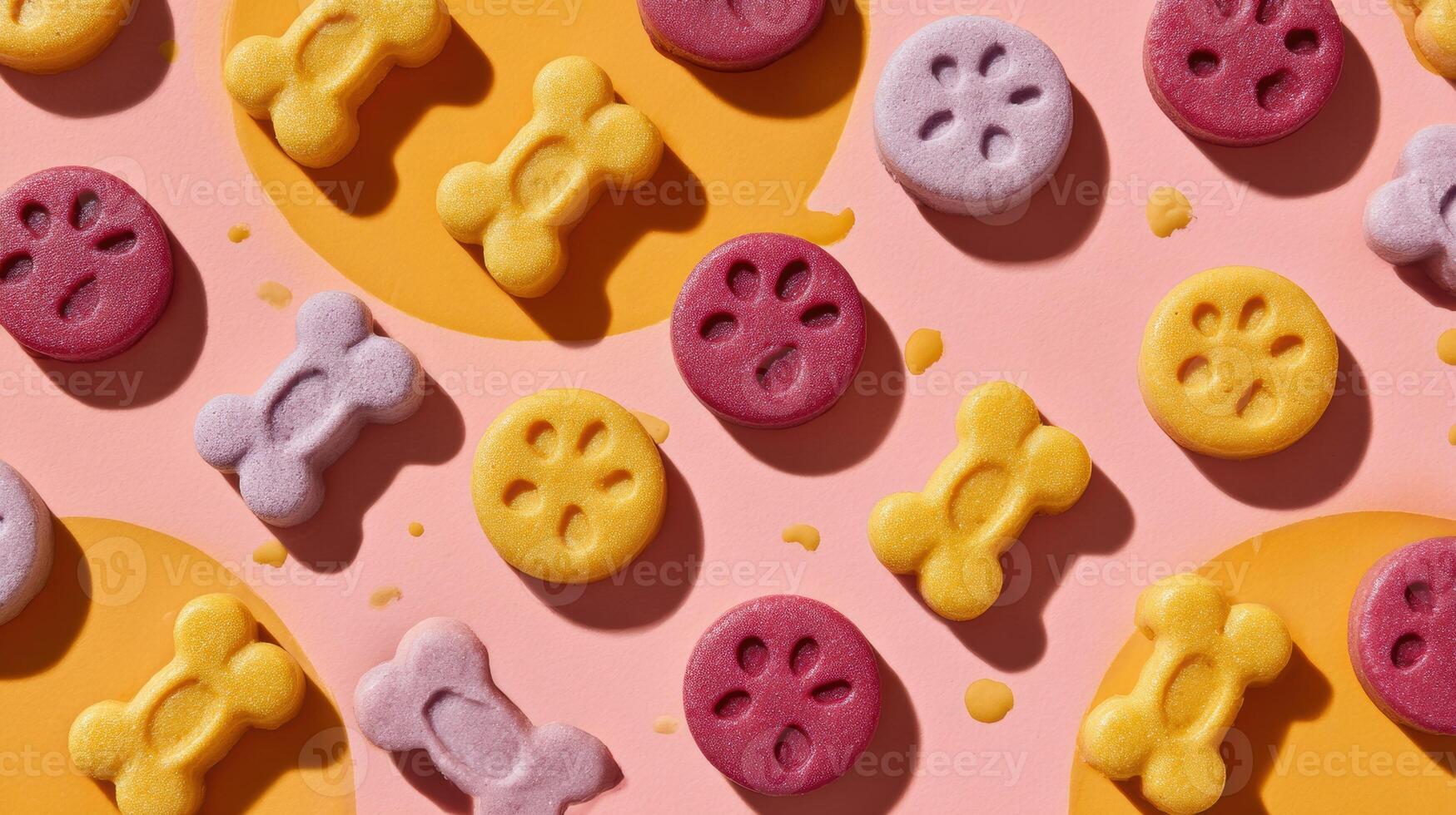 Bright and Playful Assortment of Colorful Dog Treats on a Dotted Background With a Clean Upper Third photo
