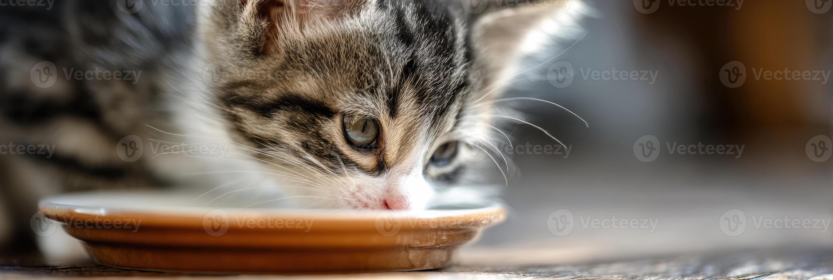 Cute Kitten Enjoys Licking Gravy From a Bowl With a Blurred Left Side for Text Overlay photo