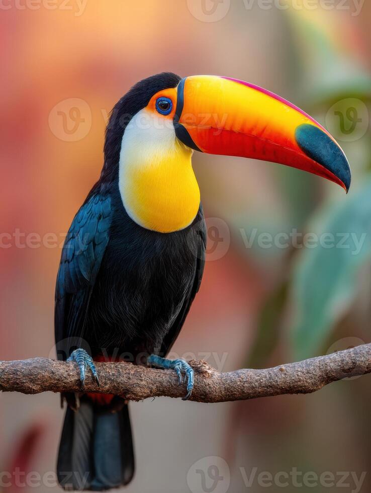 Vibrant Toco Toucan Perched on a Branch With Striking Beak Against a Blurred Natural Background photo