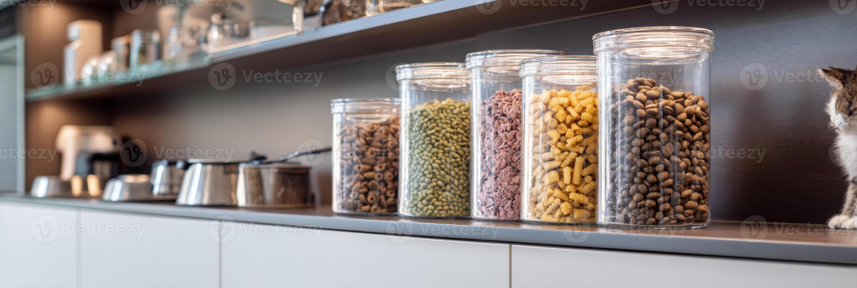 Modern Kitchen Shelf Displaying Various Types of Cat Food in Clear Containers With an Organized Layout for Easy Access photo