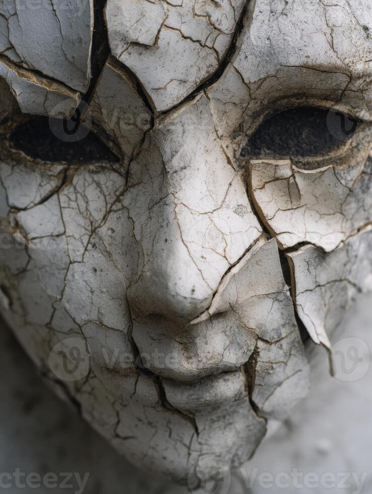 Cracked Mask Reveals Calm Facade Hiding Deep Anxiety and Turmoil in a Wide Layout Capturing Intricate Details and Emotions photo