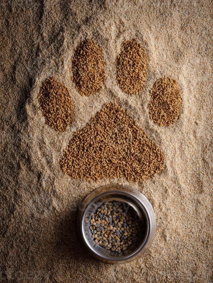 Grain Pile Shaped Like Paw Print With Food Bowl Alongside in an Open Area photo