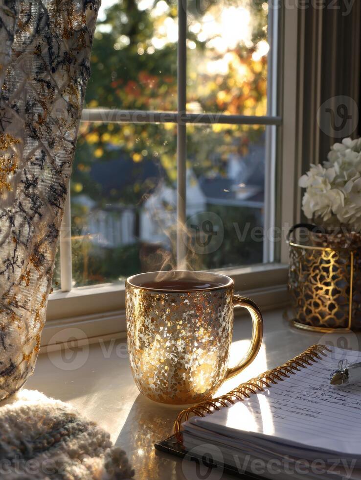 Golden Hour Light Fills a Cozy Window Nook With a Steaming Mug and an Open Journal Inviting Reflection and Relaxation photo