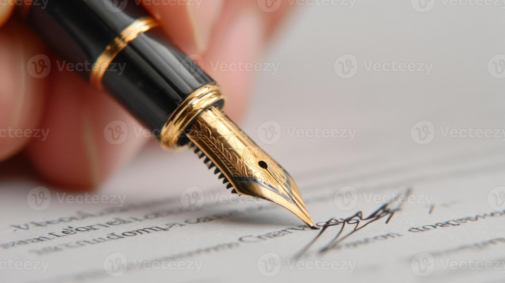 Hand holding fountain pen signing document photo