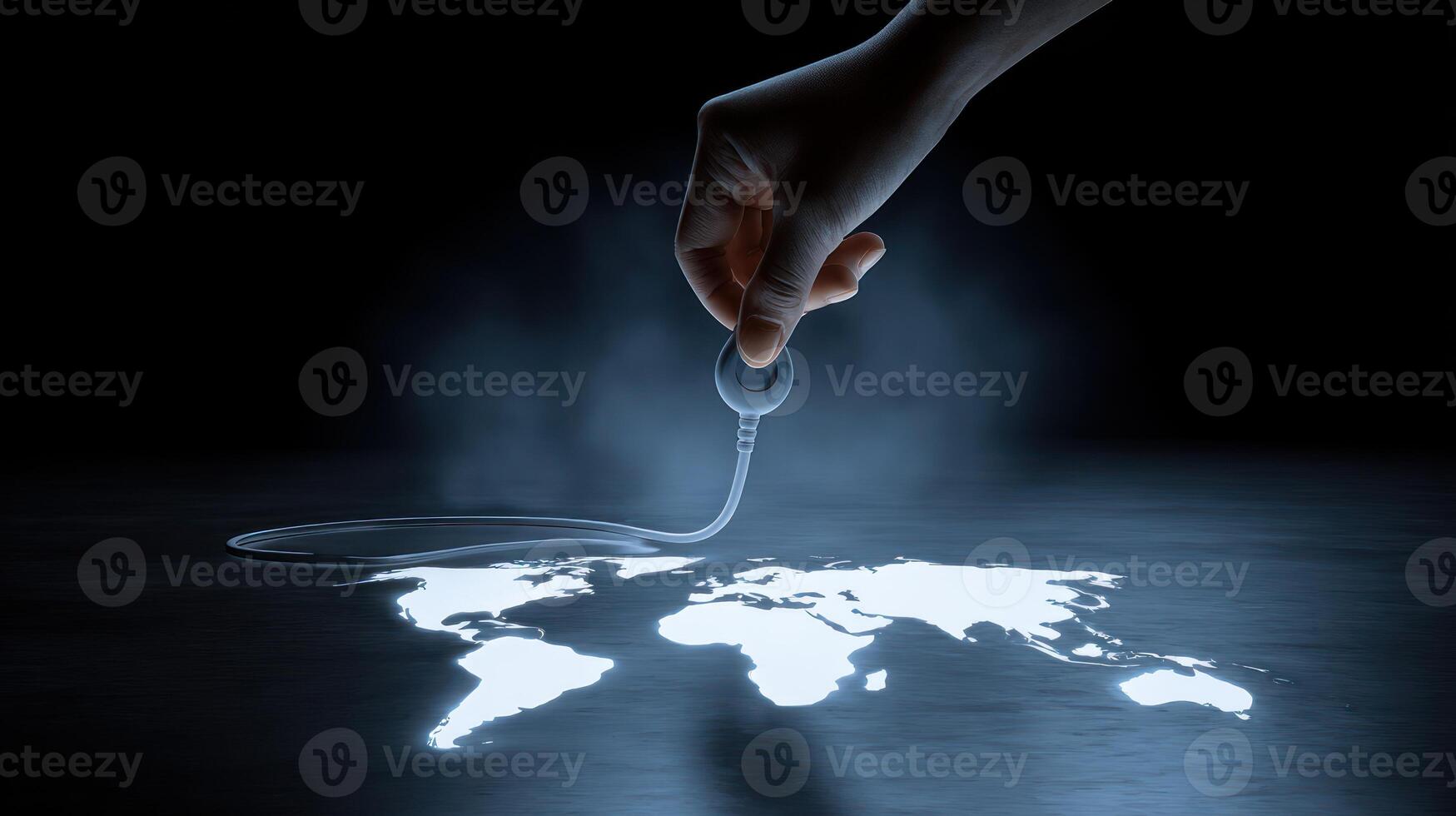 Hand placing a glowing object on a world map photo