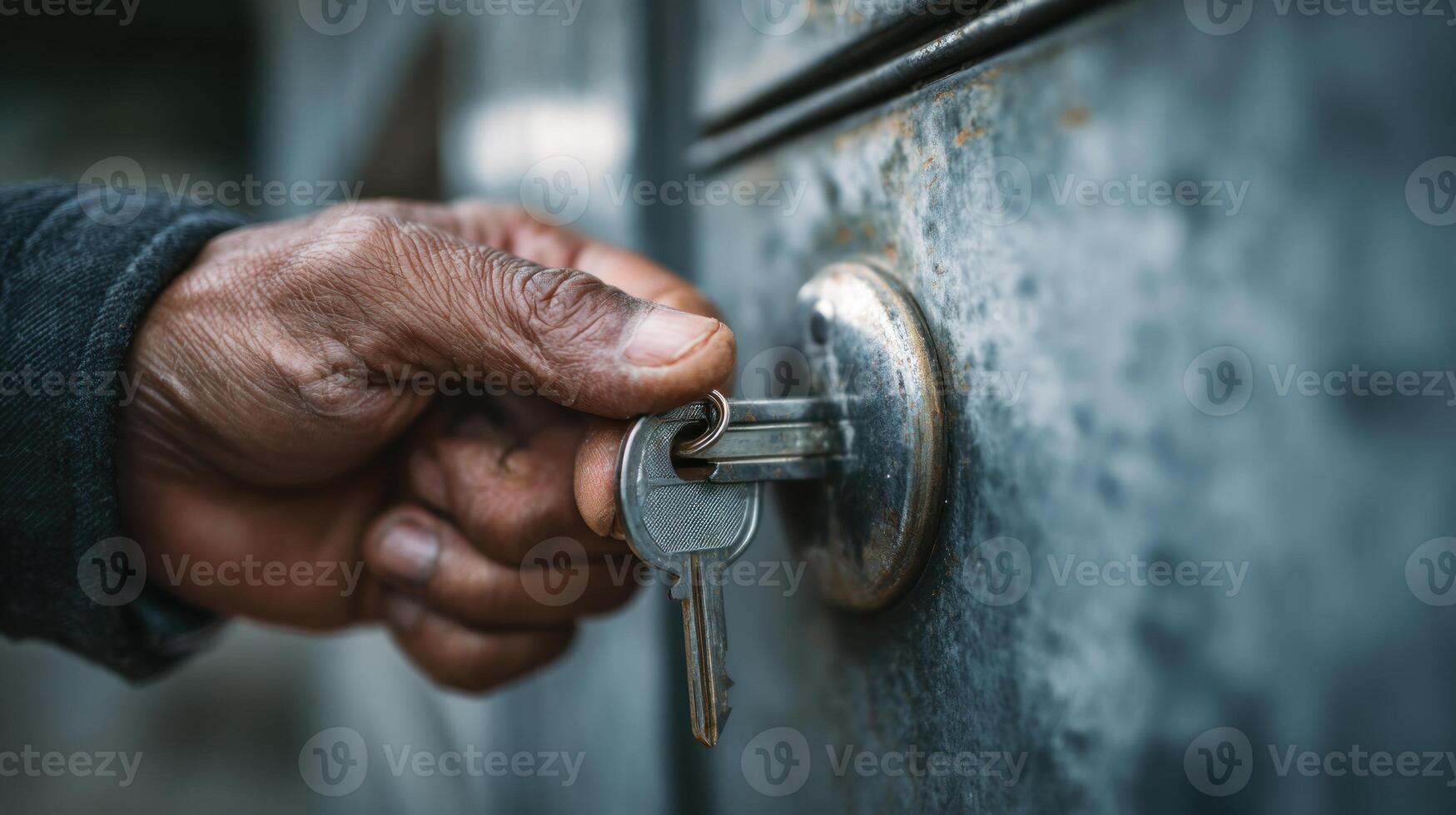 Hand inserting key into metal lock photo