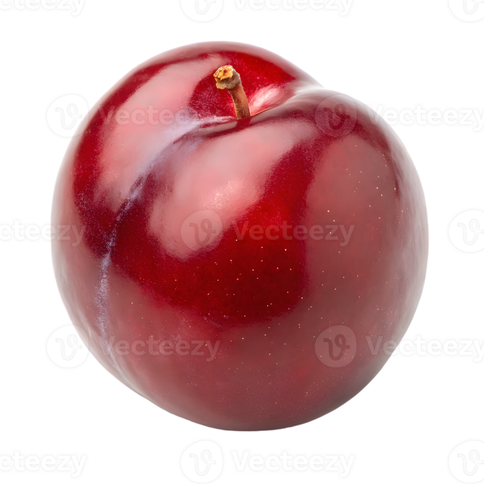 Single ripe red plum with stem isolated on transparent background png