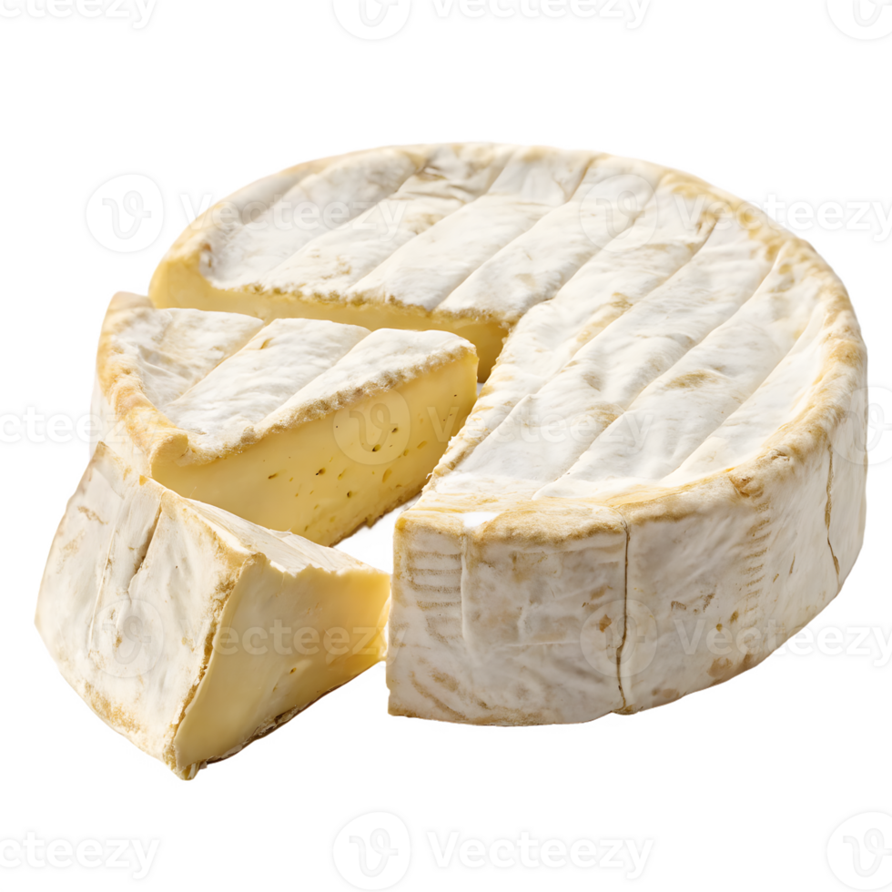 Whole camembert cheese with two wedges cut out isolated on transparent background png