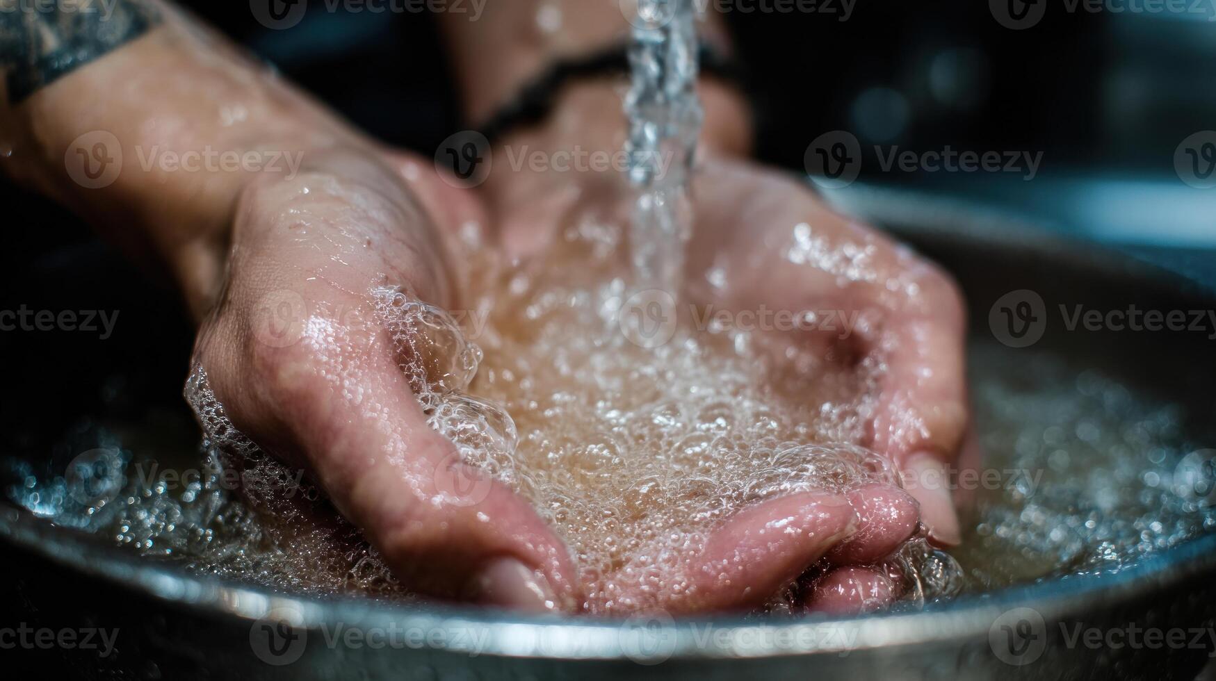 Hands washing in a metal bowl photo