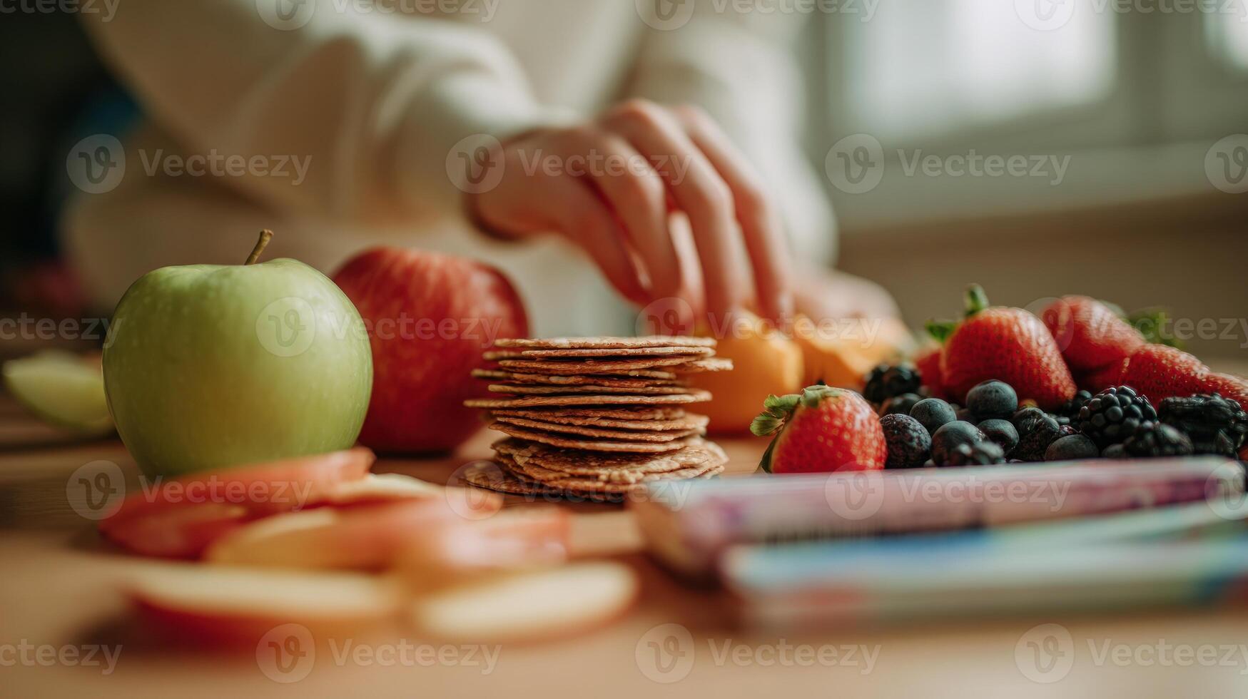 Hands arranging healthy snacks photo
