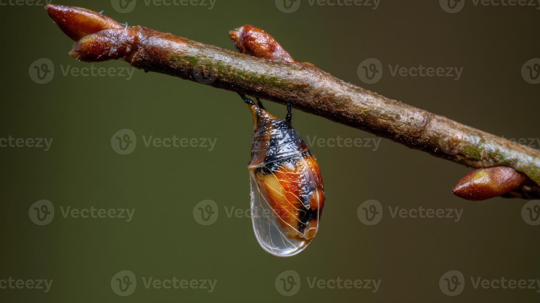 Insect pupa hanging from branch photo