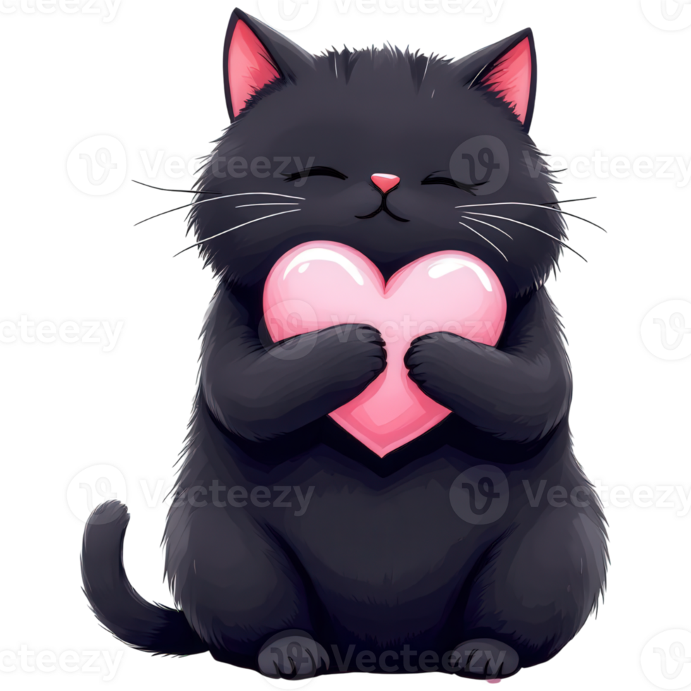 An adorable illustration of a fluffy black cat embraces a big pink heart. Depicting affectionate emotions, it's perfect for conveying love and warmth. png