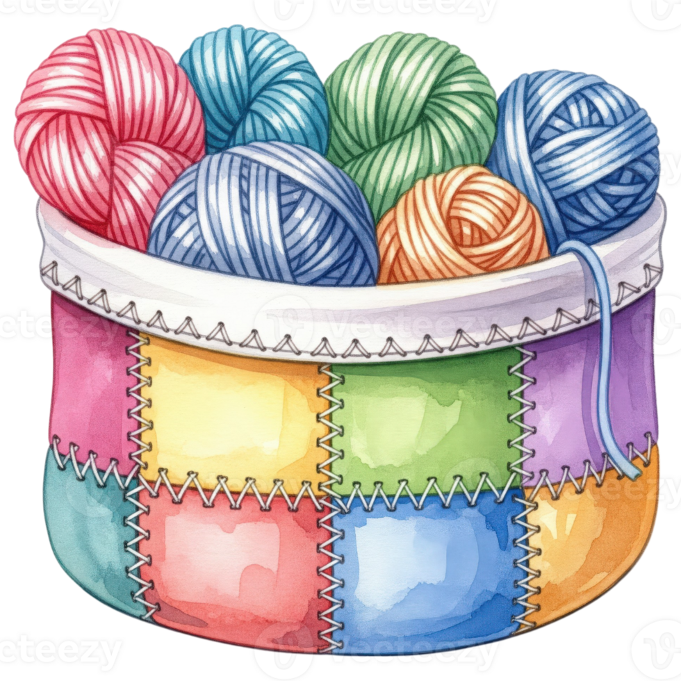 A vibrant patchwork basket overflowing with colorful yarn balls, showcasing the charm and warmth of a handcrafted hobby. png