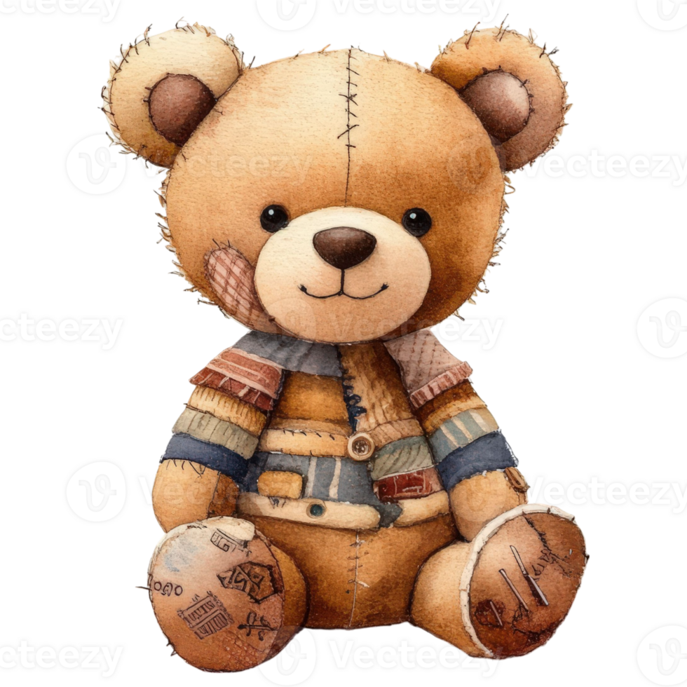 A cuddly vintage teddy bear sits serenely, exuding warmth, nostalgia, and a sense of comfort. Capturing the essence of childhood and friendship. png