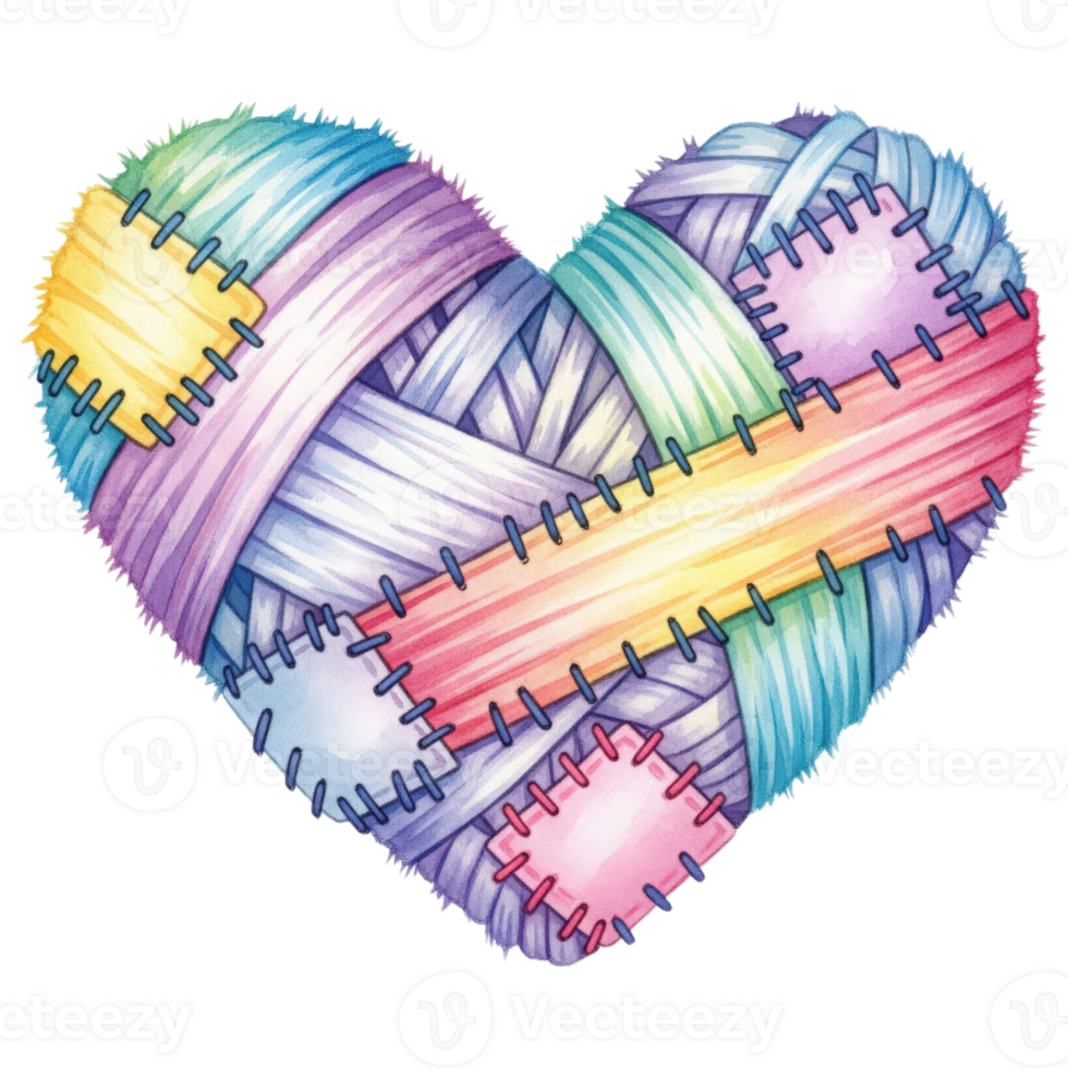A hand-drawn heart intricately woven with threads and fabrics, patched with vibrant colors, exuding warmth and affection, evokes feelings of love. png