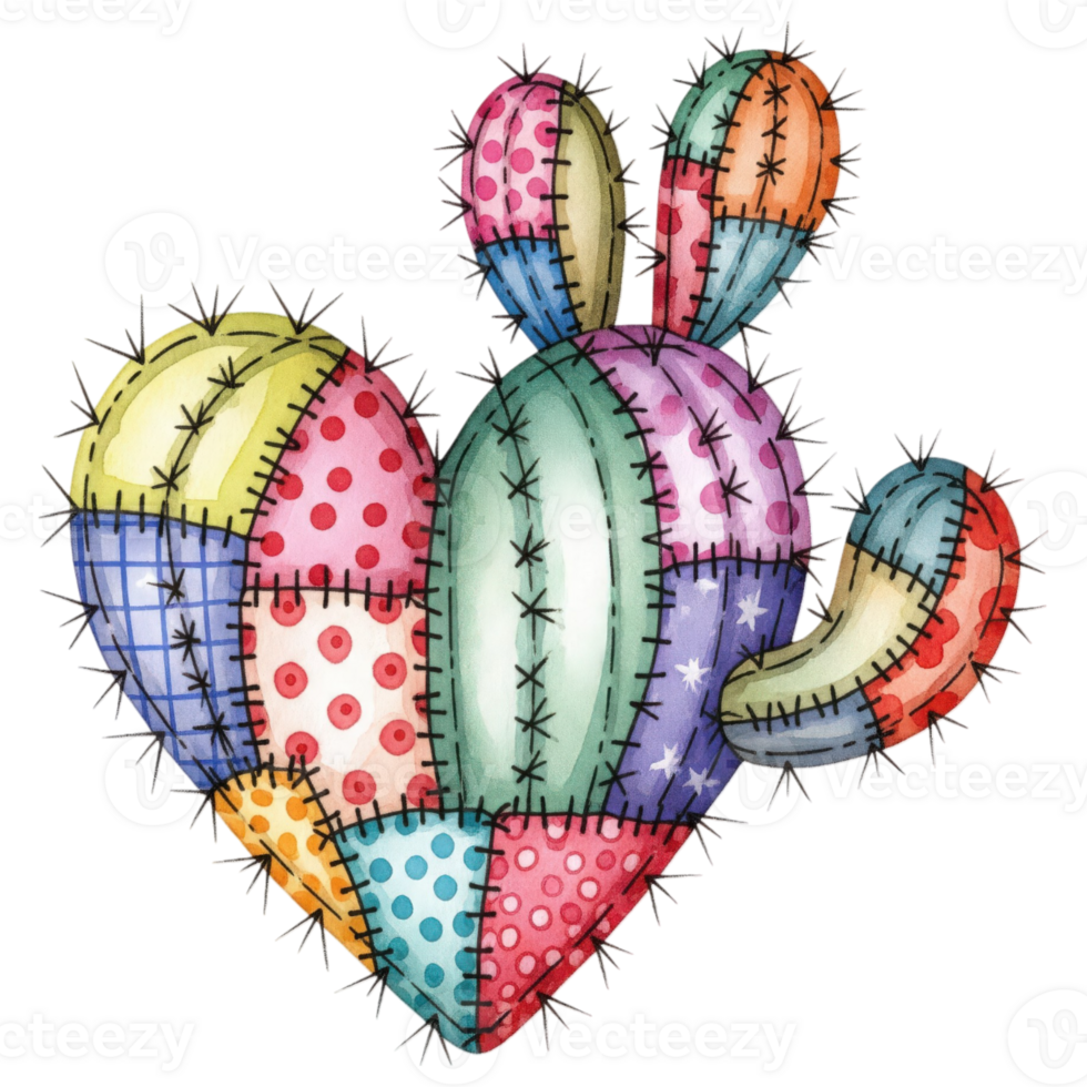 An artistically crafted cactus stitched together from colorful fabric patches, creating a unique fusion of nature and textile art. Evokes a sense of creativity and playfulness. png