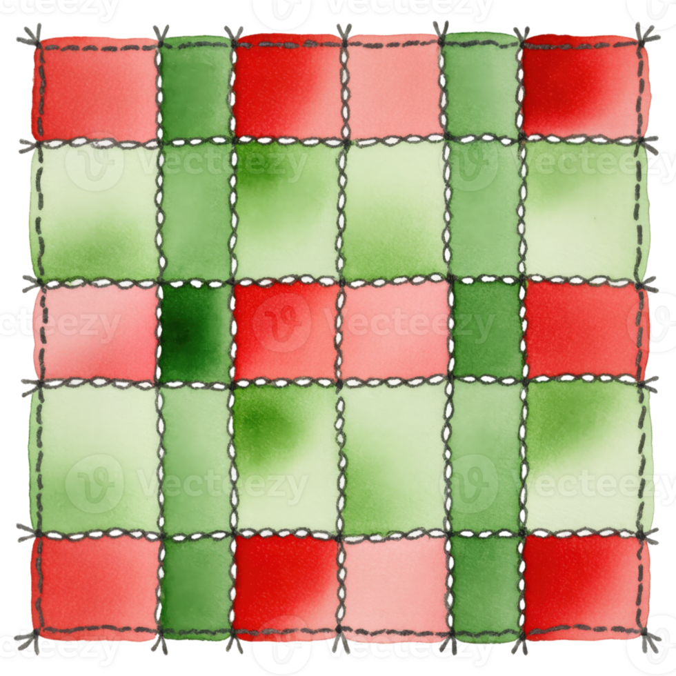 A vibrant watercolor-style patchwork quilt showcasing a blend of red and green hues, meticulously stitched together with detailed needlework. png