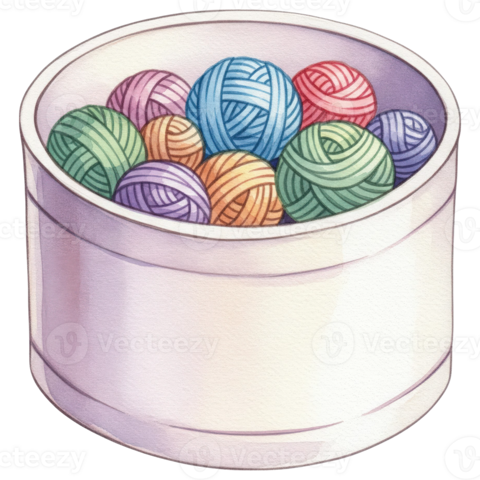 A colorful collection of yarn balls rests neatly in a circular container, showcasing the joy of crafting and the artistry of handmade creations. png