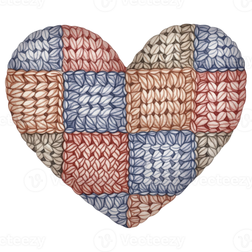 A close-up shot of a heartwarming heart composed of knitted patches. This image captures a blend of handicraft and affection. png