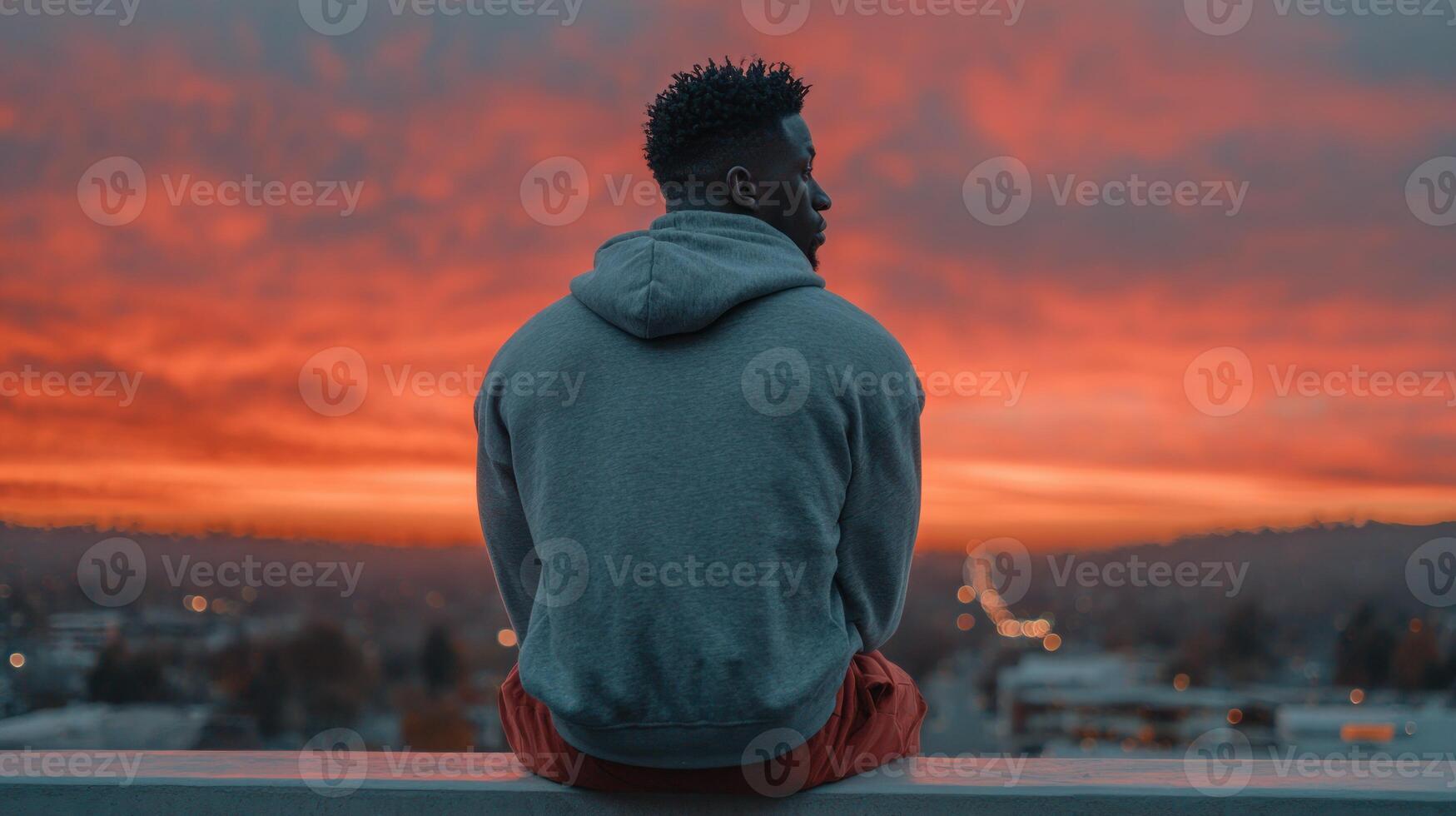 Man sits atop a wall, sunset view photo