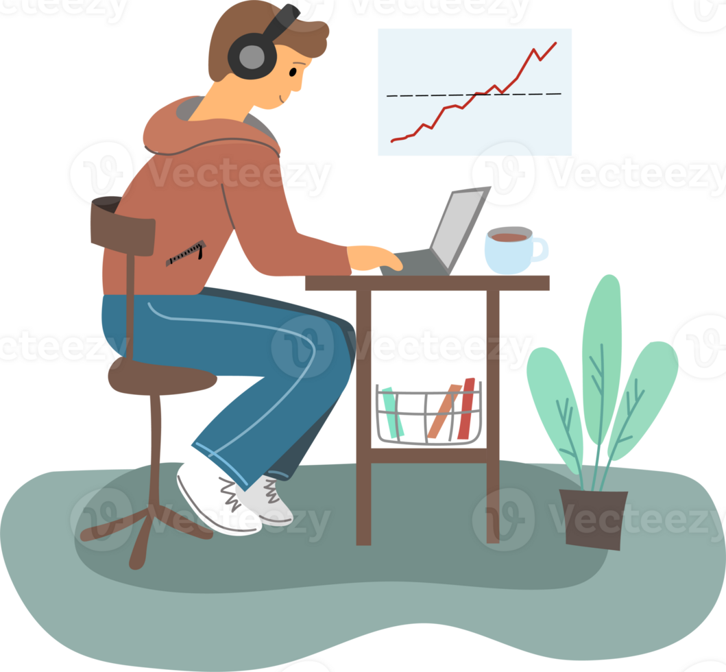 Work from home. Man with laptop png