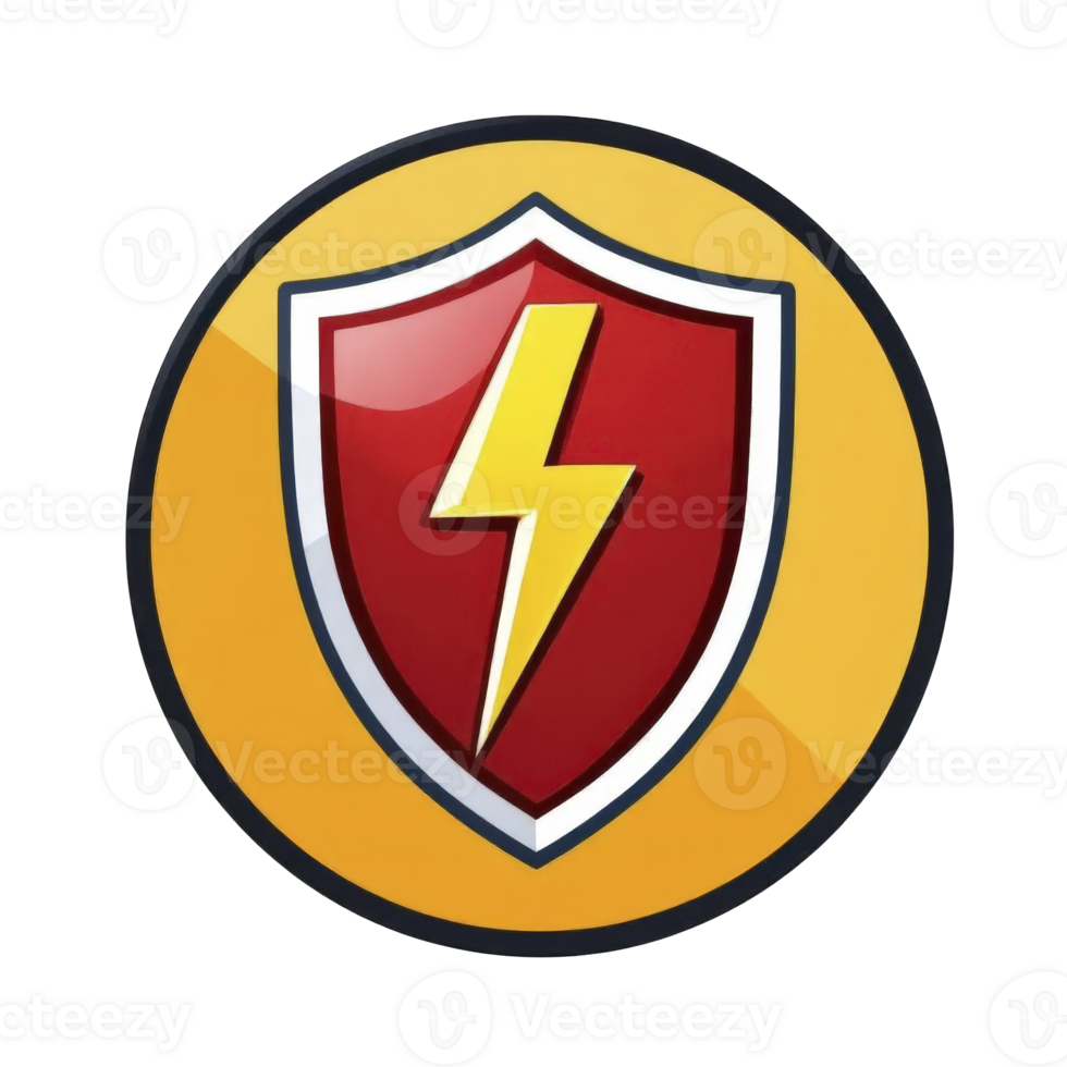 Bright glossy round graphic icon features red shield with yellow lightning bolt symbol. Concept of protection, security, power, and energy suggests defense and speed, evoking safety png