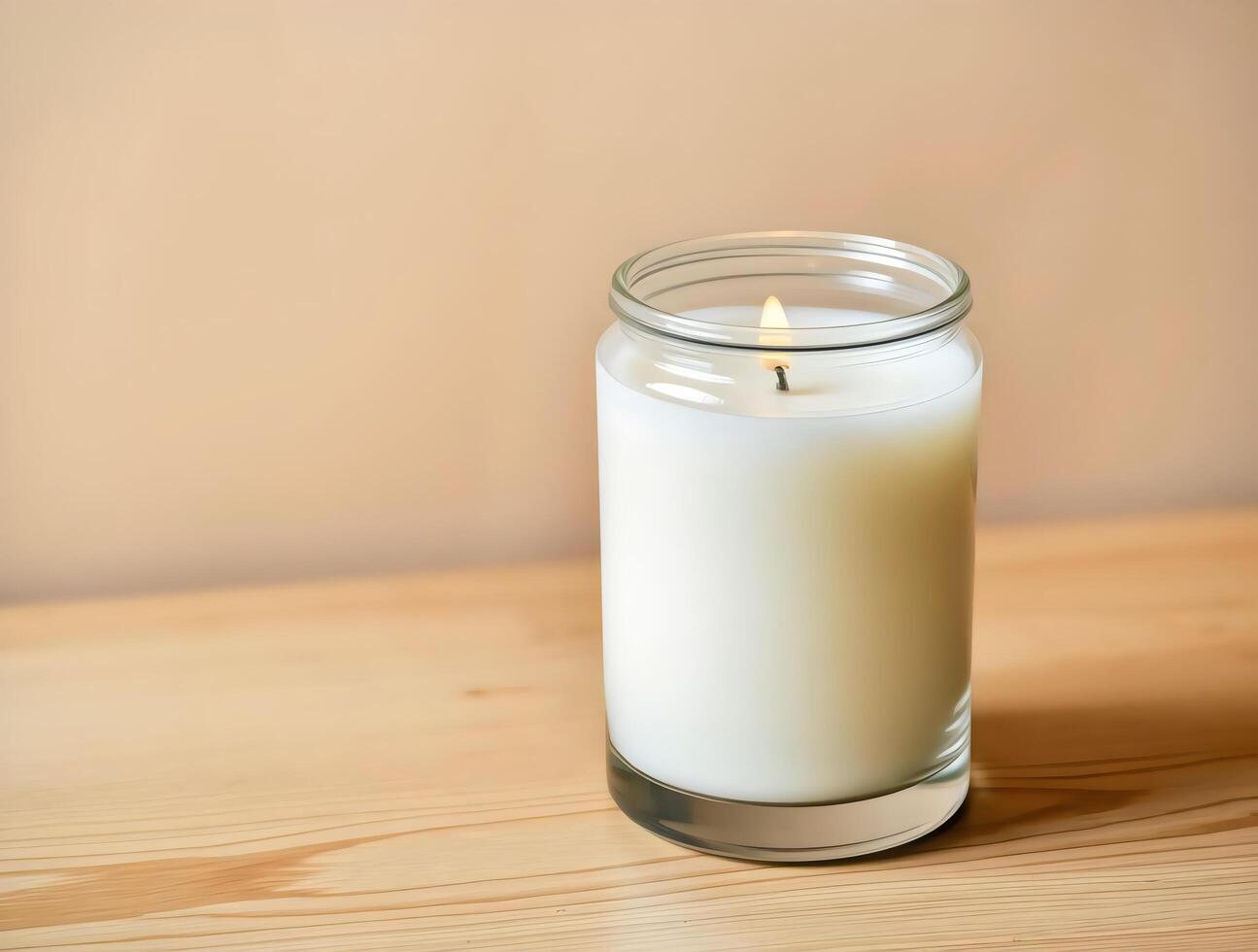 A white candle is sitting on a wooden table photo