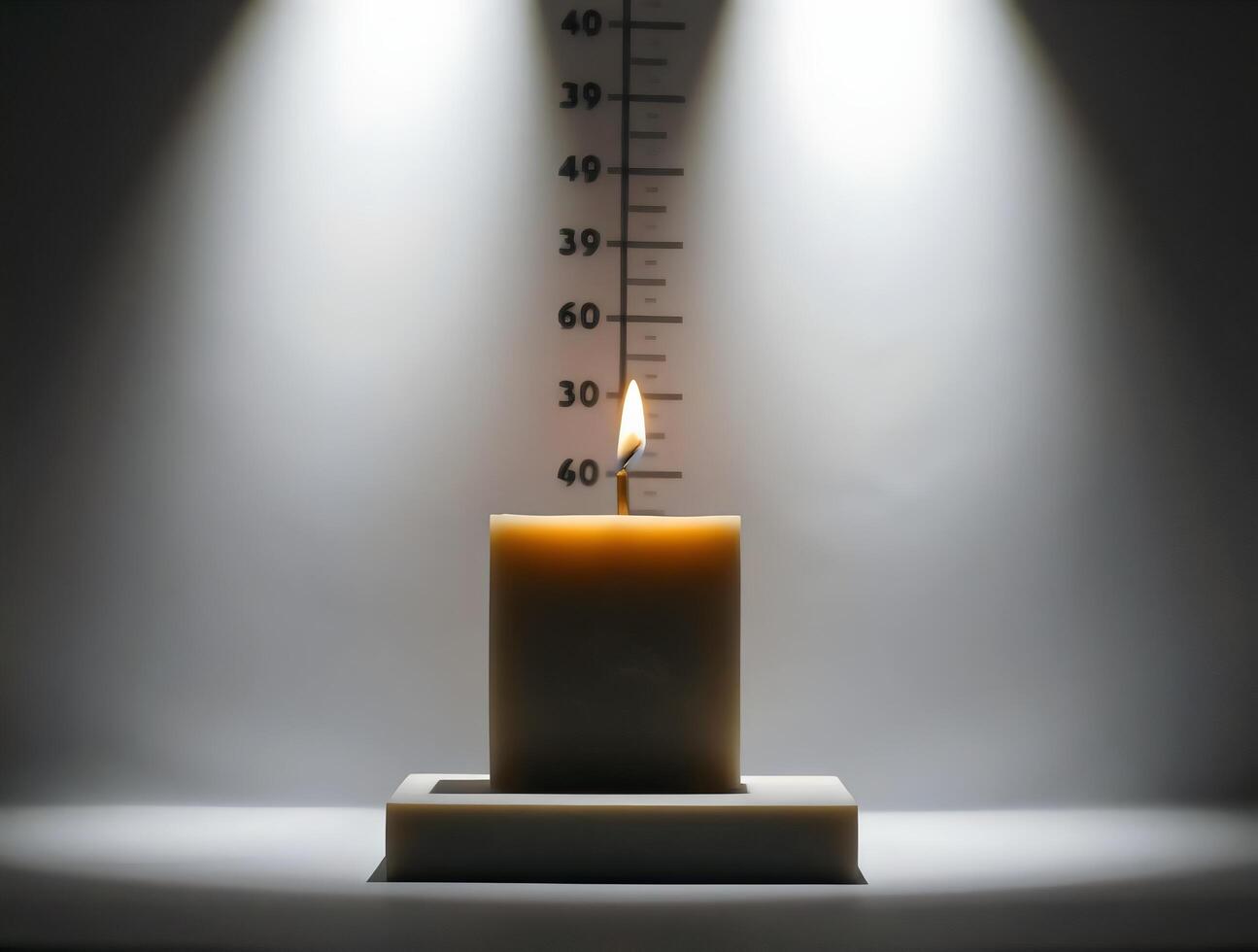 A lit candle is in front of a ruler photo