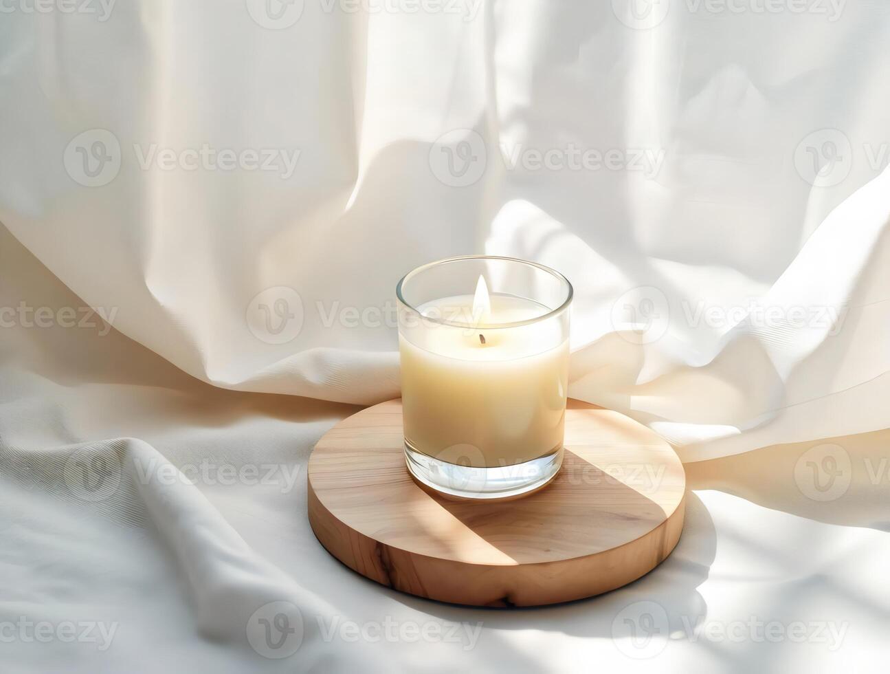 A candle sits on a wooden stand in front of a white sheet photo