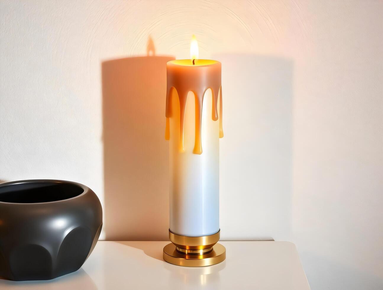 A candle with a drip of wax on it next to a vase photo
