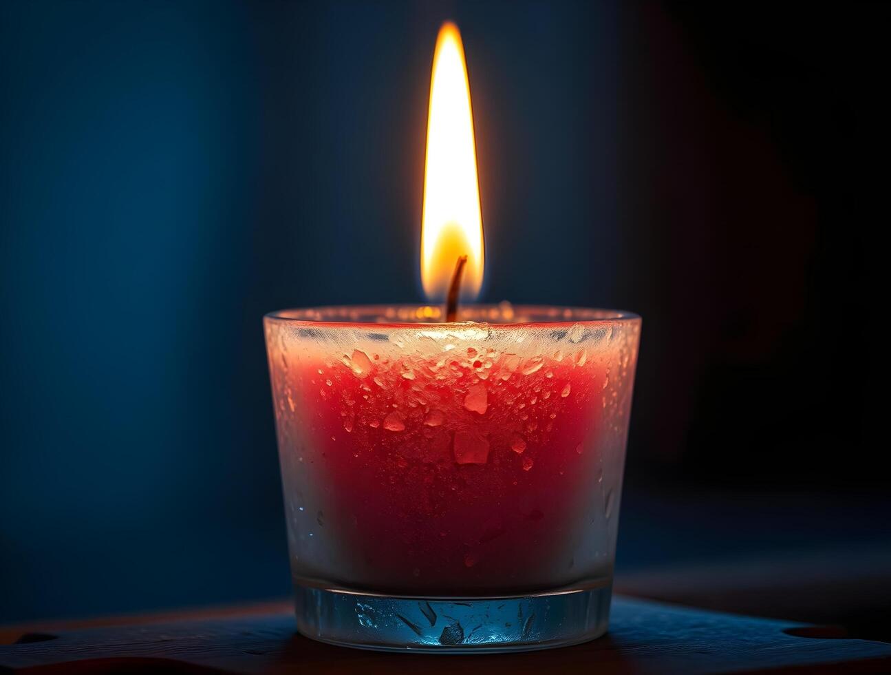 A lit candle in a glass with water drops photo