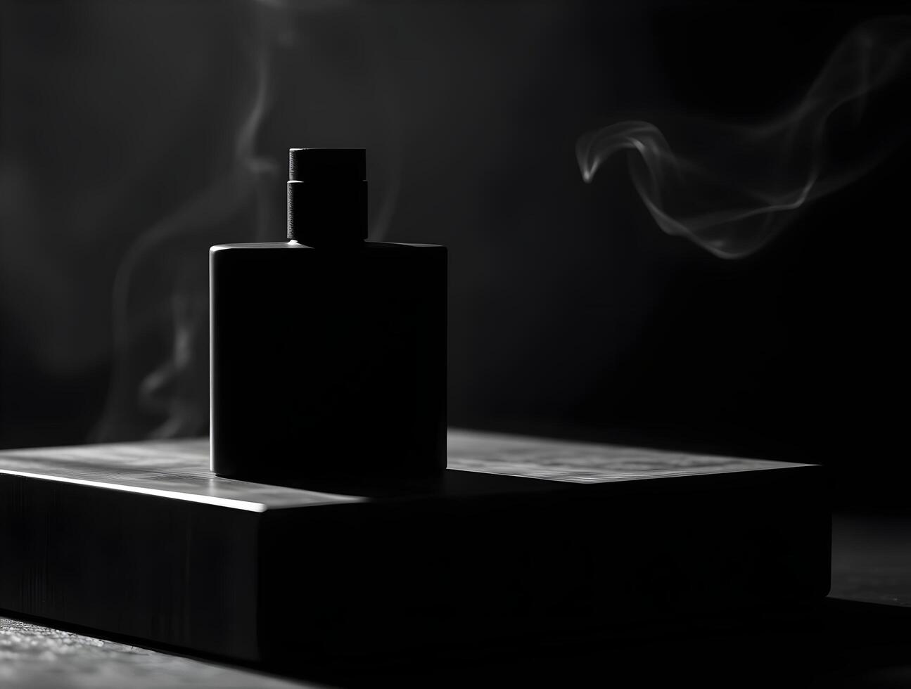 Mysterious Black Perfume Bottle with Elegant Smoke Trails Dark Minimalist Fragrance Concept photo