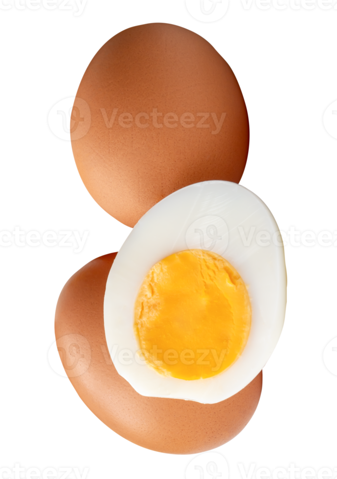 Eggs and cooked or boiled chicken egg with egg yolk in half in stack isolated with clipping path in file format png