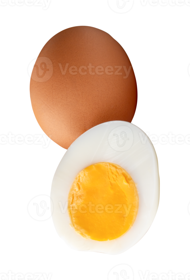 Eggs and cooked or boiled chicken eggs with egg yolk in half in stack isolated with clipping path in file format png