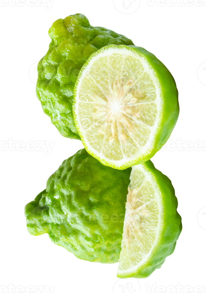 Green bergamot fruits or kaffir lime with half and slice or quarter in stack isolated with clipping path in file format png